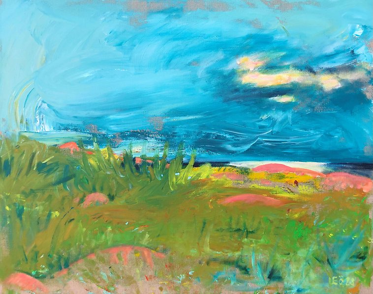 Målning med hav, gräs och himmel
