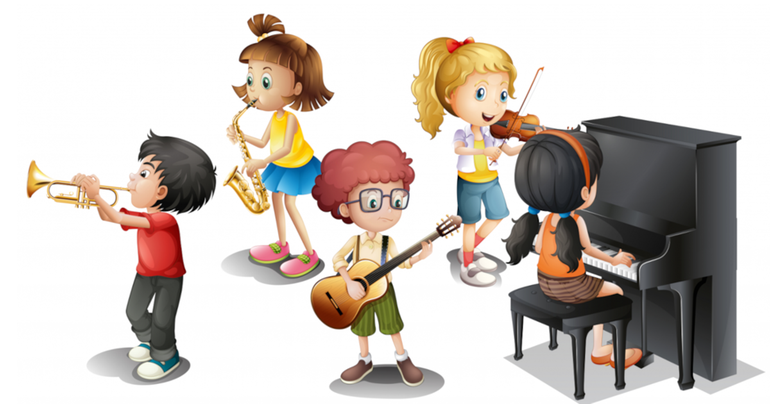 tecknade barn med instrument