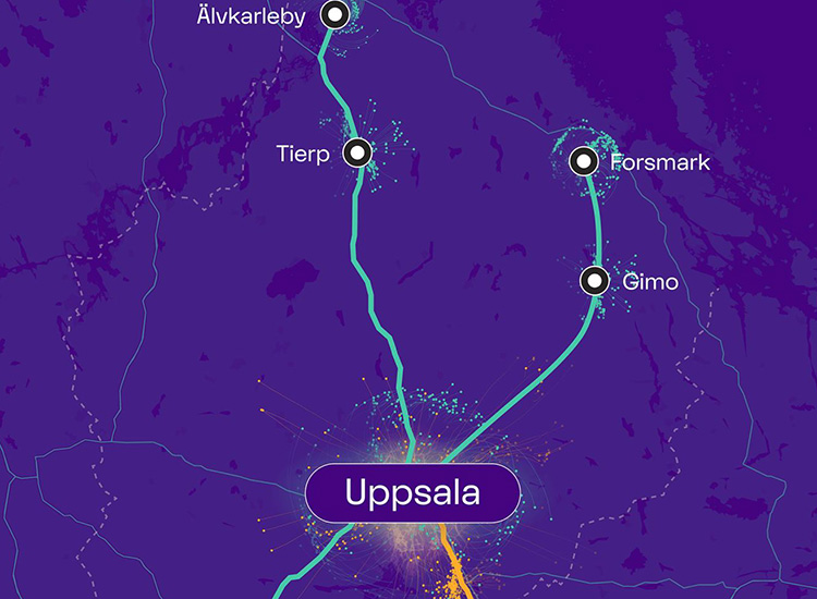 Kartvy över orterna Älvkarleby, Tierp, Forsmark, Gimo och Uppsala.