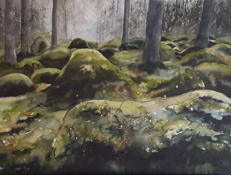 I skogen, akvarell, 56x76 cm, 2021, Maria Grudéus
