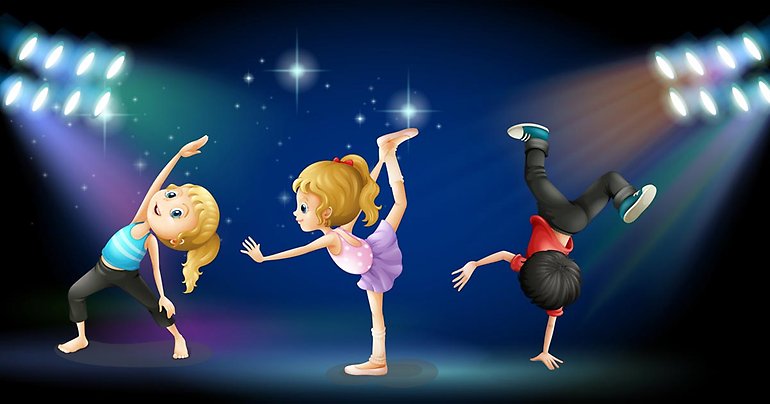 tre tecknade barn som dansar
