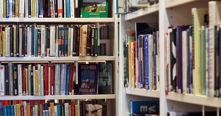Böcker står uppradade i en bokhylla