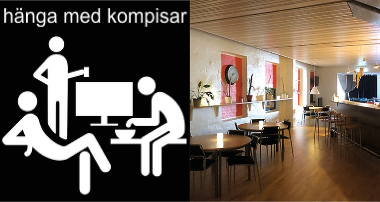pictogram på vänster sida som visar "hänga med kompisar", på höger sida finns en bild som visar Tierps fritidsgård inomhus, med bord och stolar, samt kiosken