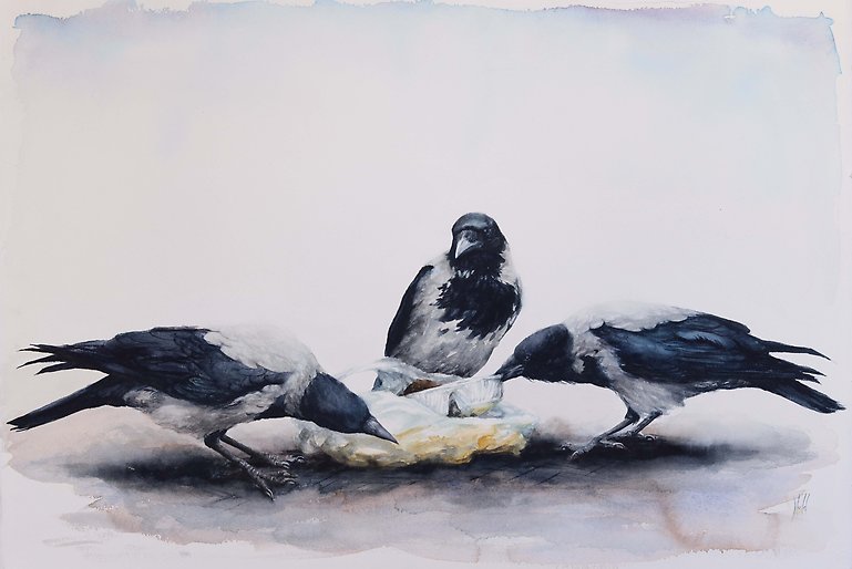Tre målade kråkor