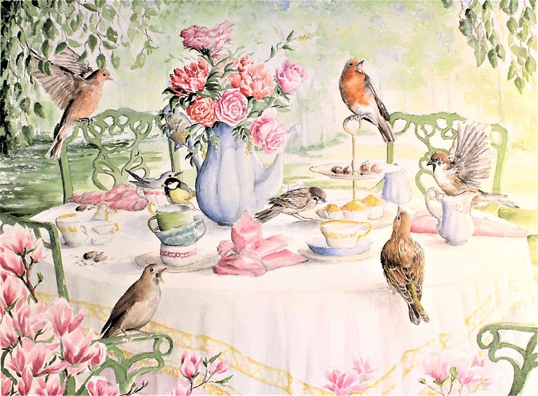 Målat bord dukat med fika, småfåglar sitter på bordet
