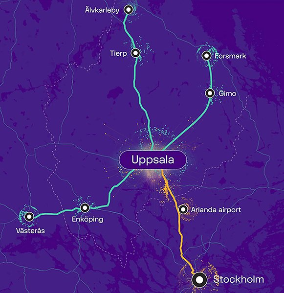 Kartvy över orterna Älvkarleby, Tierp, Forsmark, Gimo, Uppsala, Enköping, Västerås, Arlanda och Stockholm.